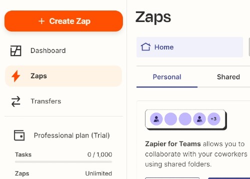 Create Zap Screen Zapier tool